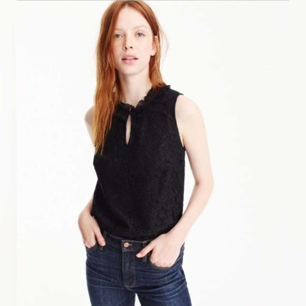 ❤️ NWT! J CREW LACE RUFFLE NECK TOP IN BLACK, MEDIUM